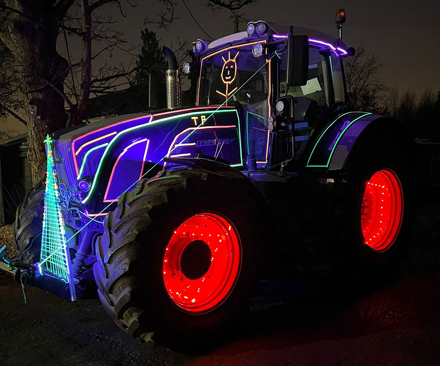 Tractor decorated with lights