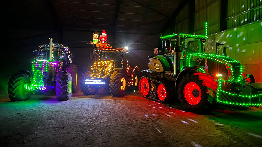 Tractors decorated with lights