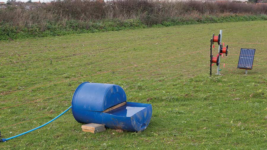 Fence and water trough in field