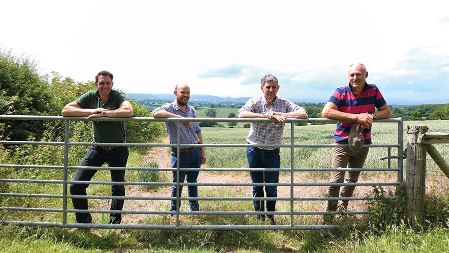 Monitor Farmers Jack Hopkins, Rob Beaumont, Adam Lewis and Martin Carr standing by a farm gate