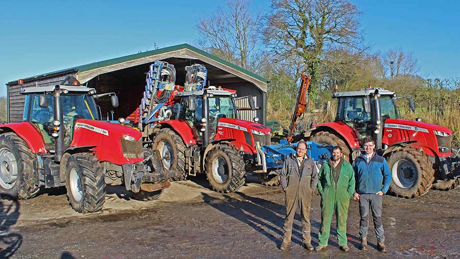 Tom Grosvenor, Martin Desborough and Toby Griffiths with their trio of Massey Ferguson tractors © James Andrews
