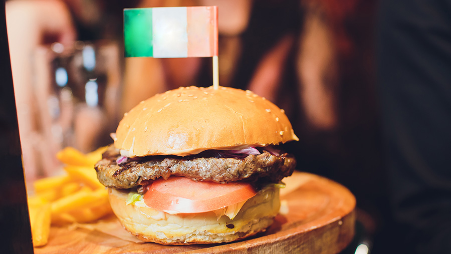 Beef burger with Irish flag stuck in top