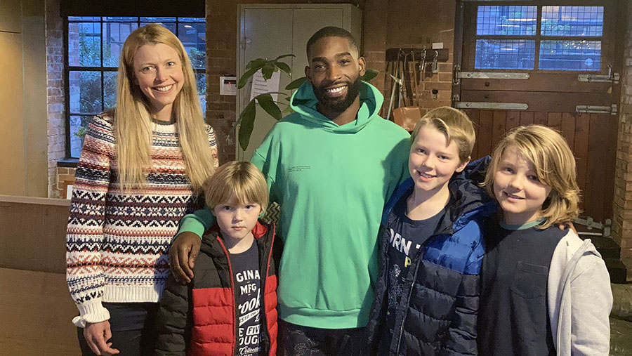 Alec Burrough's daughter-in-law, Louise,  and grandsons Jack, Harry and George with Tinie Tempah