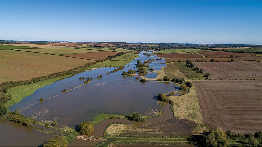 Aerial view of flooded farmland