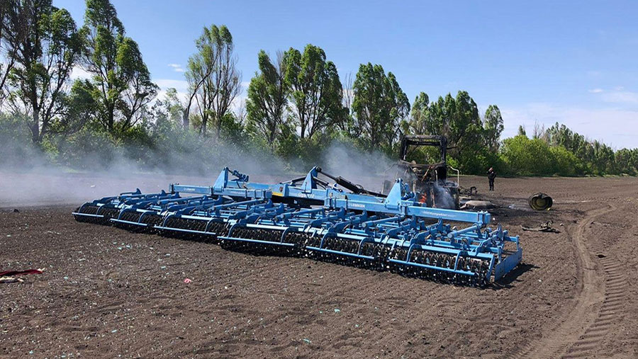 The tractor and drill after the Russian missile strike © Kharkiv Police