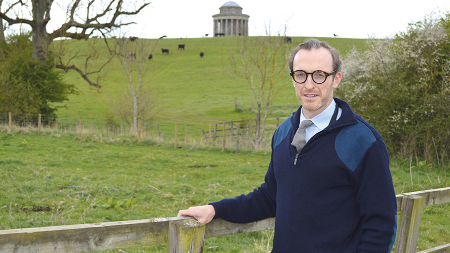 Man leaning on a fence with fields and a mausoleum