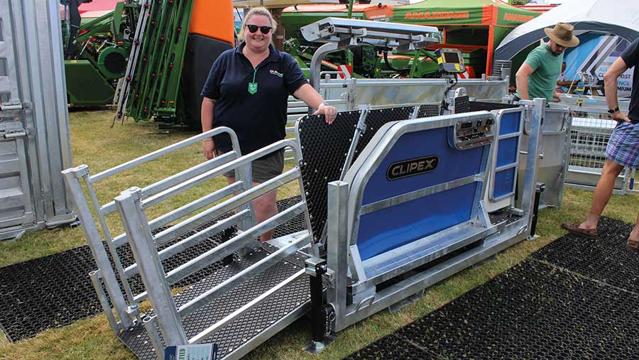 Rosie Anglim of Clipex with the new fully-automatic sheep weighing and three-way drafting system