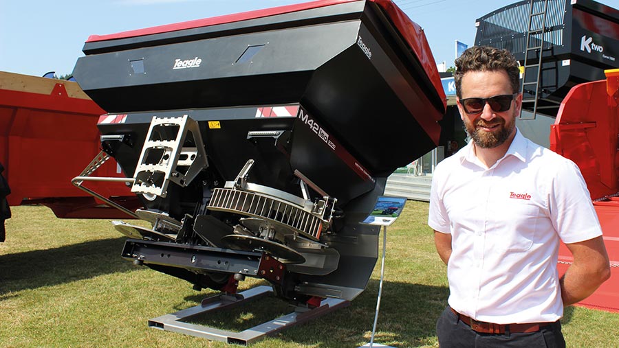 Paul Curnow of Teagle with the DCM M42 high-spec twin disc fertiliser spreader