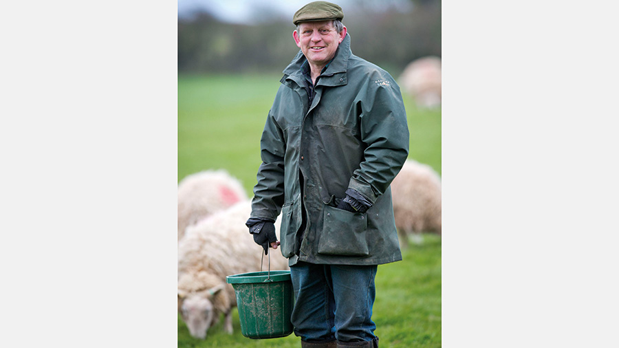 Tim Jakins with sheep flock in background