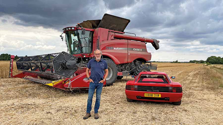 Harry Metcalfe with his Case IH Axial Flow 7088 with 24ft header, and a Ferrari Testarossa © James Andrews