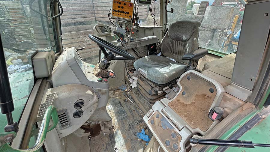Well-used cab of a Fendt tractor