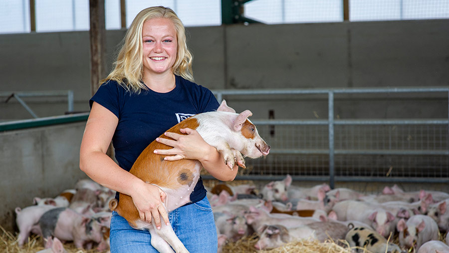 Woman in a shed holding a large piglet