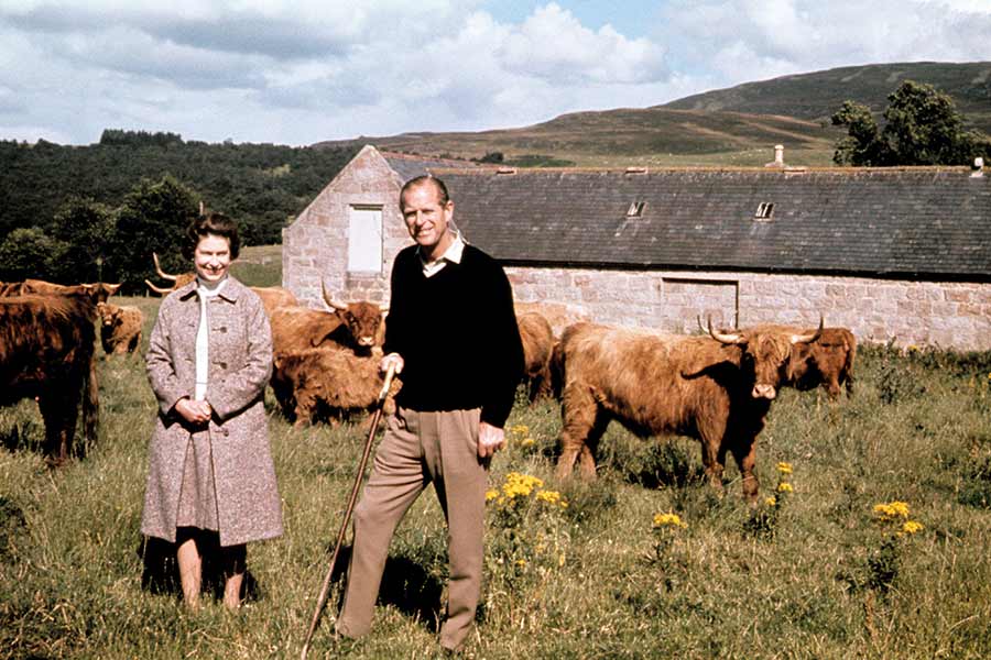 The Queen and Prince Philip with Highland cattle