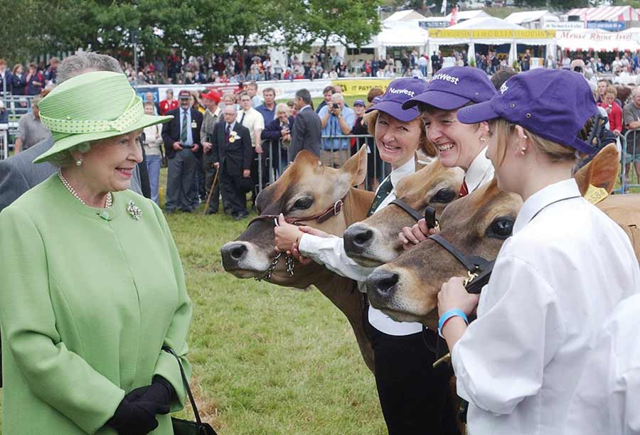 The Queen talks to three women with Jersey cows