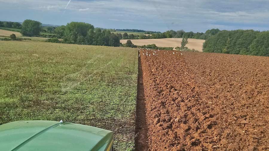 view from the tractor cab of a half-ploughed field