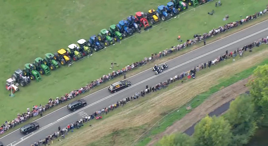 Aerial view of tractors lined up