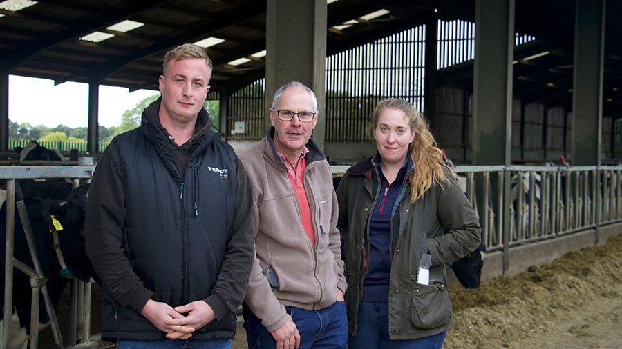 From left to right: Herdsperson James Raven, business owner Jeremy Platt and chief calf rearer Fiona Armstrong © Rhian Price
