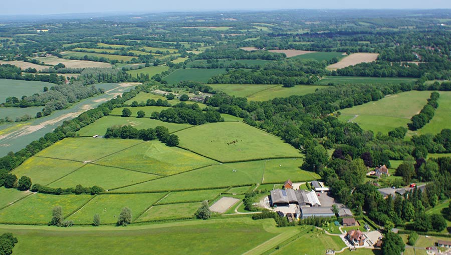 Aerial view of farm with hedgerows