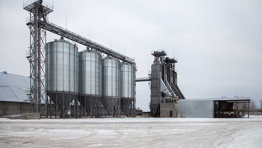 Grain silos in snow