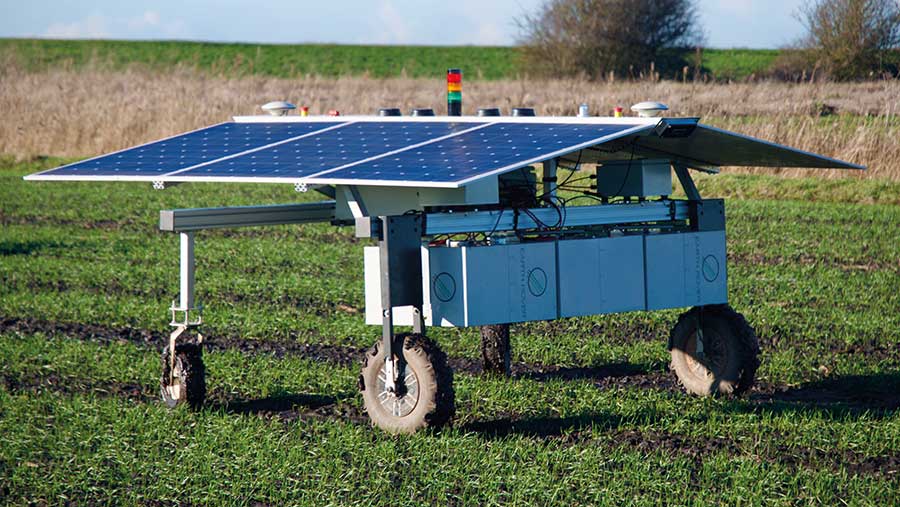 Robot box on wheels with solar panels on top