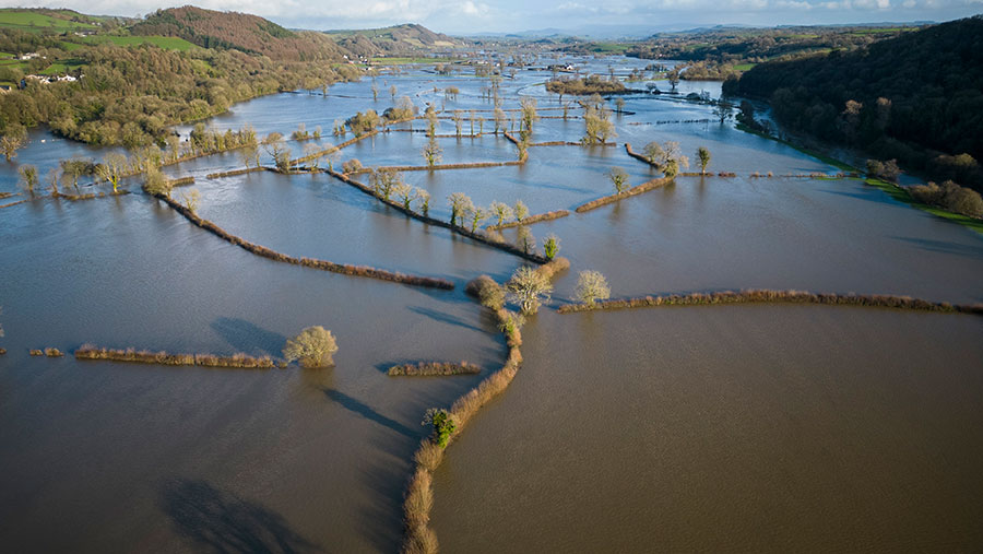 Flooded farmland in South Wales