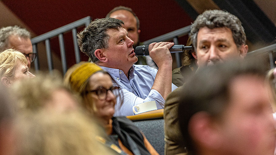 A member of the audience quizzes the panel at Farmers Weekly Question Time
