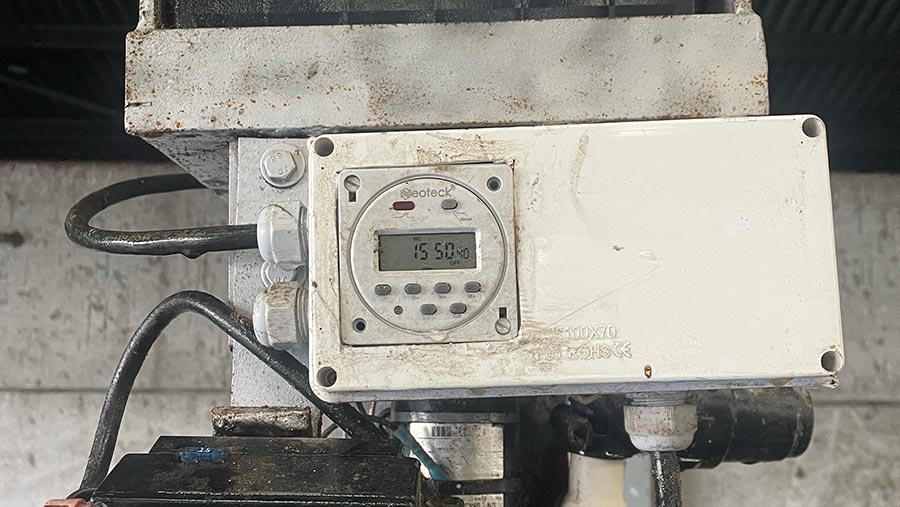 Automatic dosing system using an old forager additive pump and speed controller, hooked up to a 12V battery via a daily timer