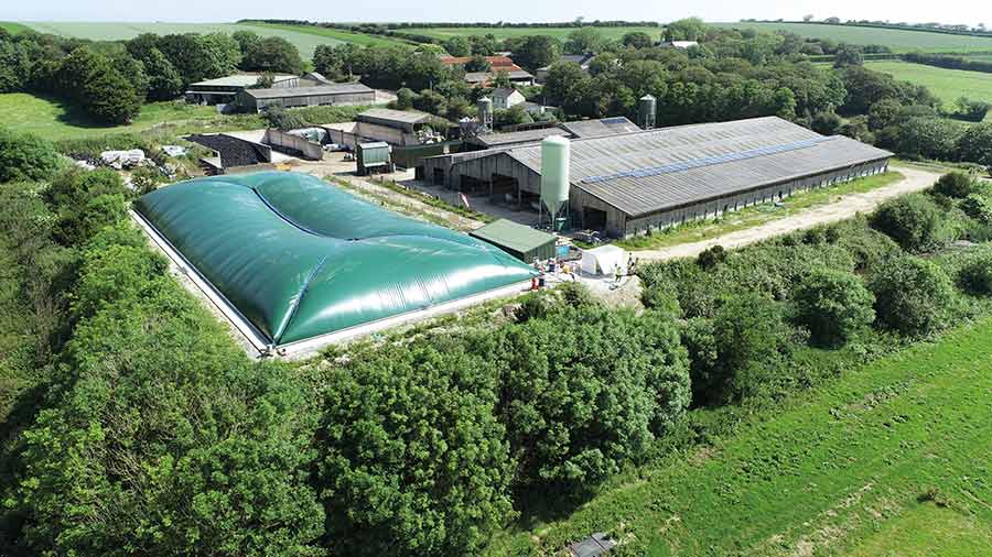 Aerial view of an inflated cover over a slurry pit