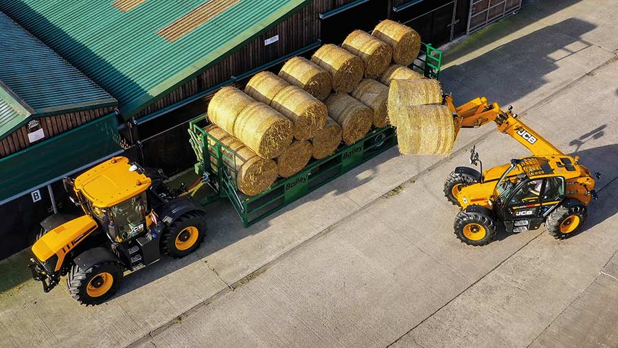 Bird's eye view of JCB tractor and loader at work