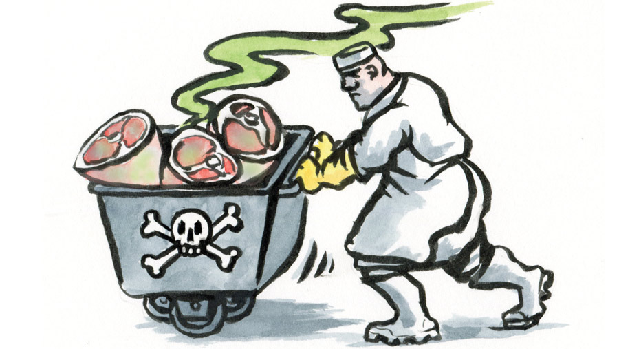 Illustration of rotten meat being pushed in a cart at a processing plant