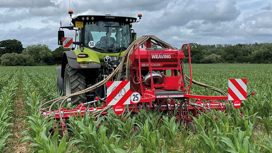 Contractor George Fraser's Weaving IR drill undersowing the maize © AR Fraser Contracting
