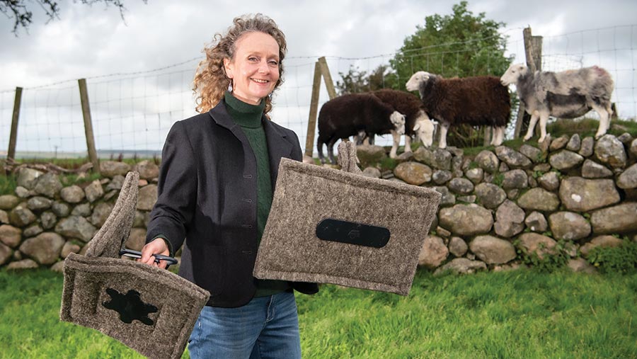 Sally Phillips with Herdwick sheep and draught excluders