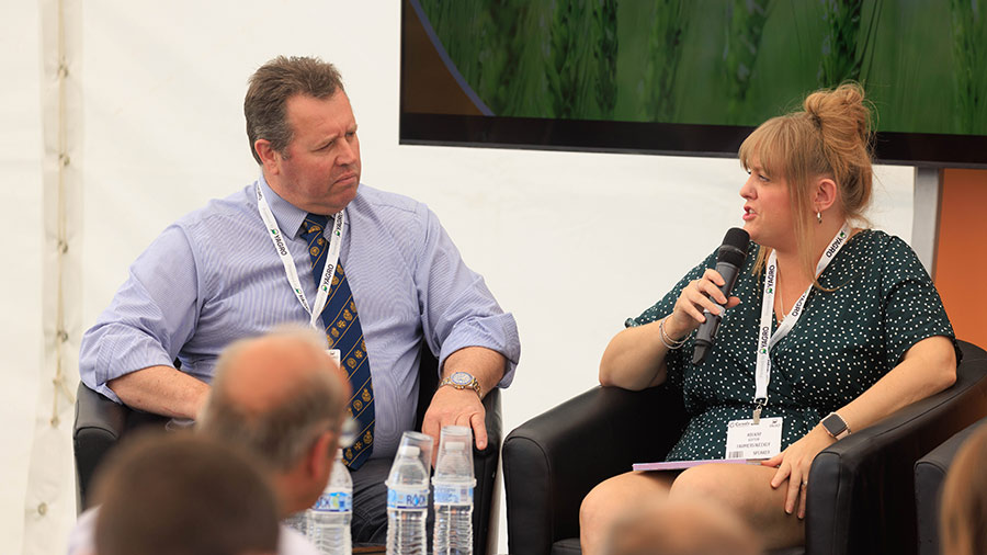 Farming minister Mark Spencer being questioned at Cereals 2023 by Farmers Weekly deputy news editor Abi Kay © Tim Scrivener