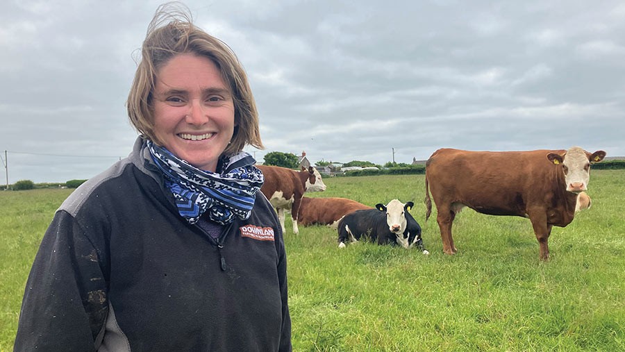 Polly Davies in field with cows