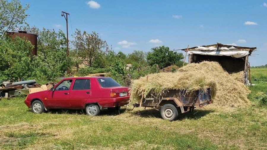 Car pulling a trailer filled with hay