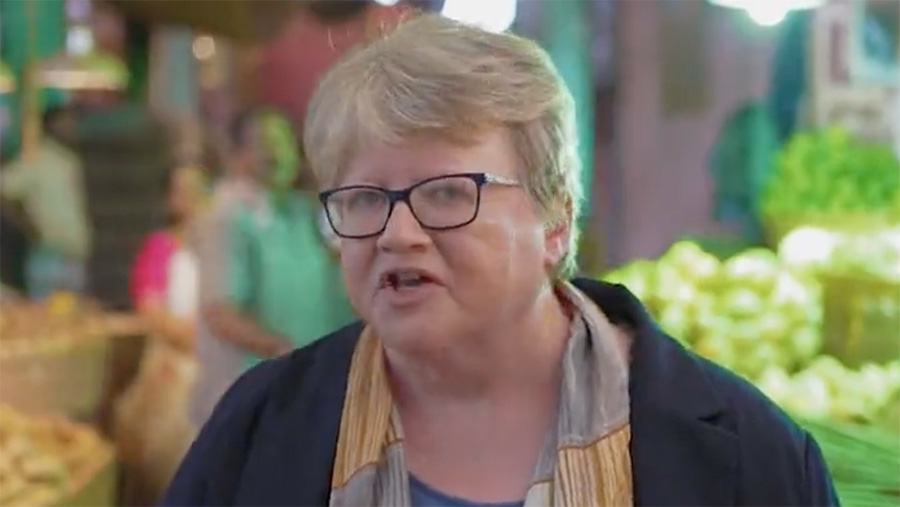 Therese Coffey in the video shot at Koyambedu Food Market © Defra UK