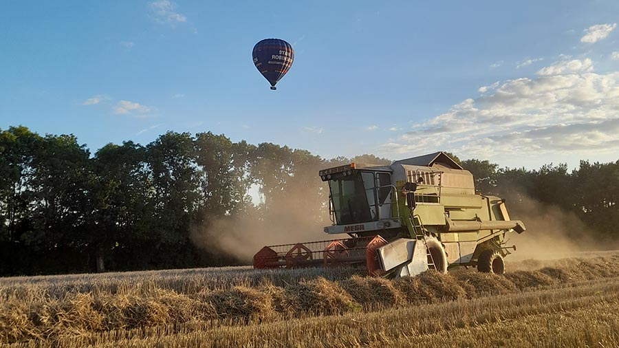 Claas Mega 203 combining Graham winter wheat at Ellenhall Grange Farm, Eccleshall, Stafford, Staffordshire with a surprise visit from a hot air balloon