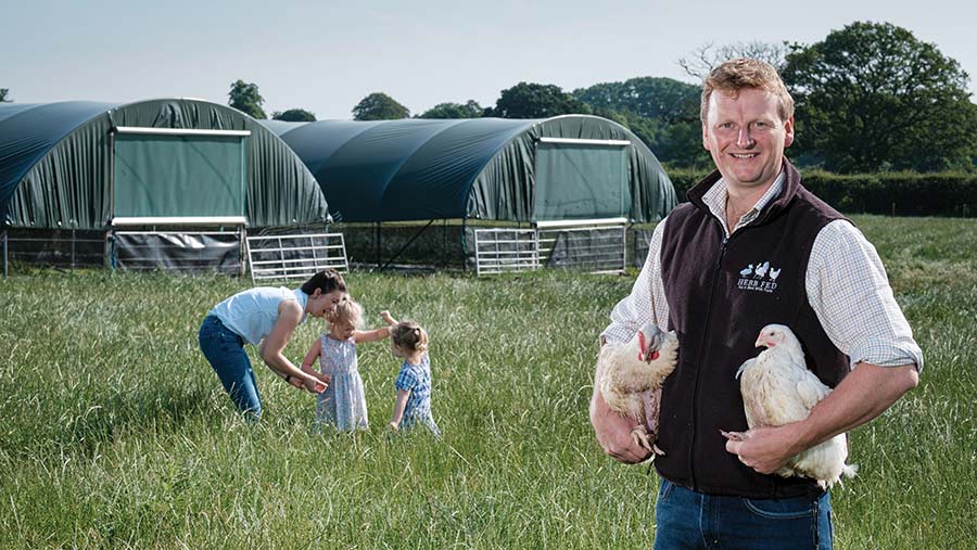 Male farmer on farm holding two hens