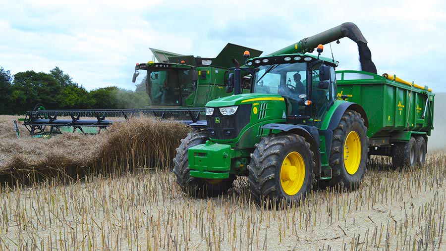 Harvesting oilseed rape on Julian Gibbons' farm