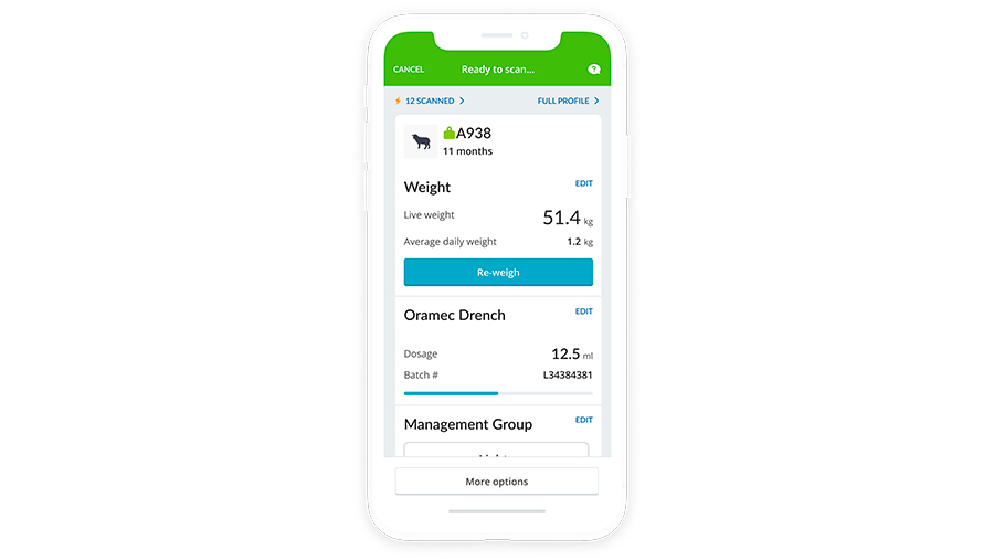 App page example of tracking weight of livestock