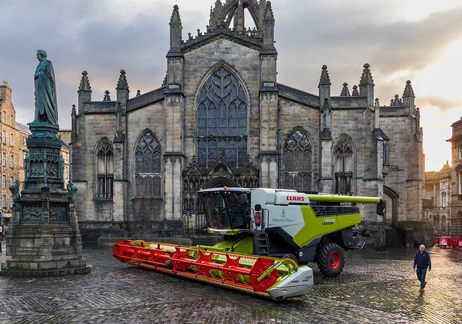 Combine outside a cathedral