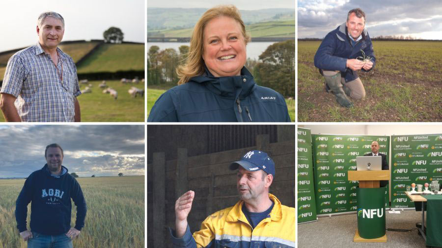 Left to right; Thomas Binns, Rachel Hallos, Andrew Ward, Olly Harrison, and Michael Oakes © NFU, Jonathan Page, MAG/Emma Gillbard, Tim Scrivener