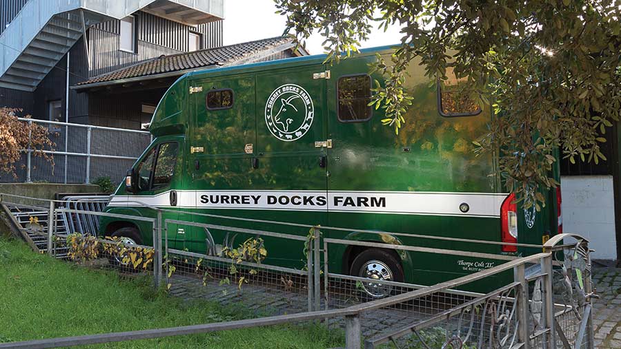 Luton van with Surrey Docks Farm written on the side