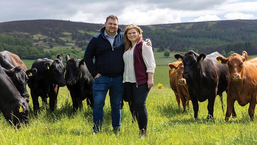 Duncan Morrison in grass field with wife Claire and cows
