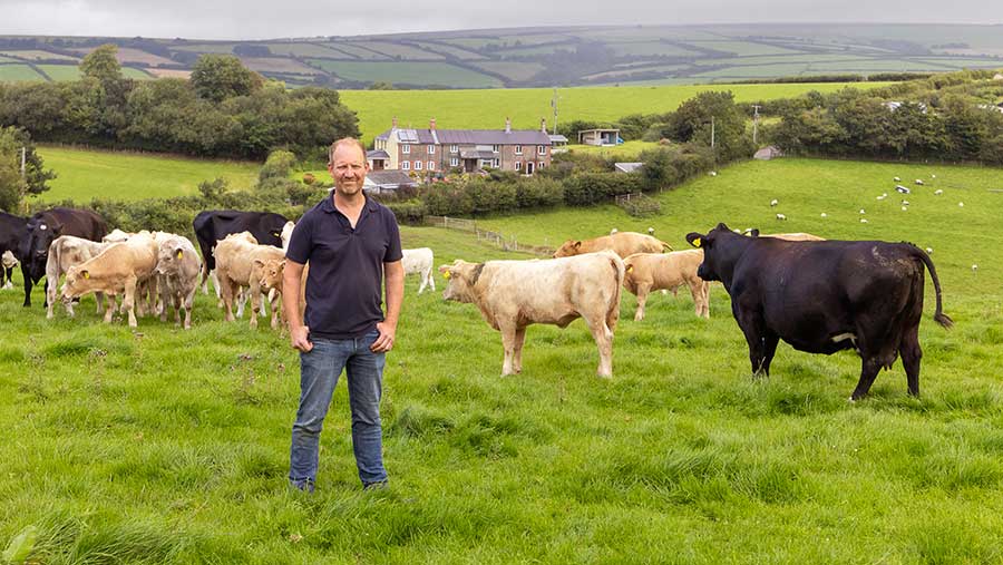 Ian May in field standing in front of cows