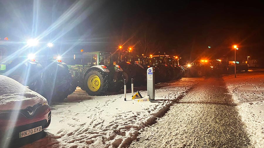 Tractors in snow at protest