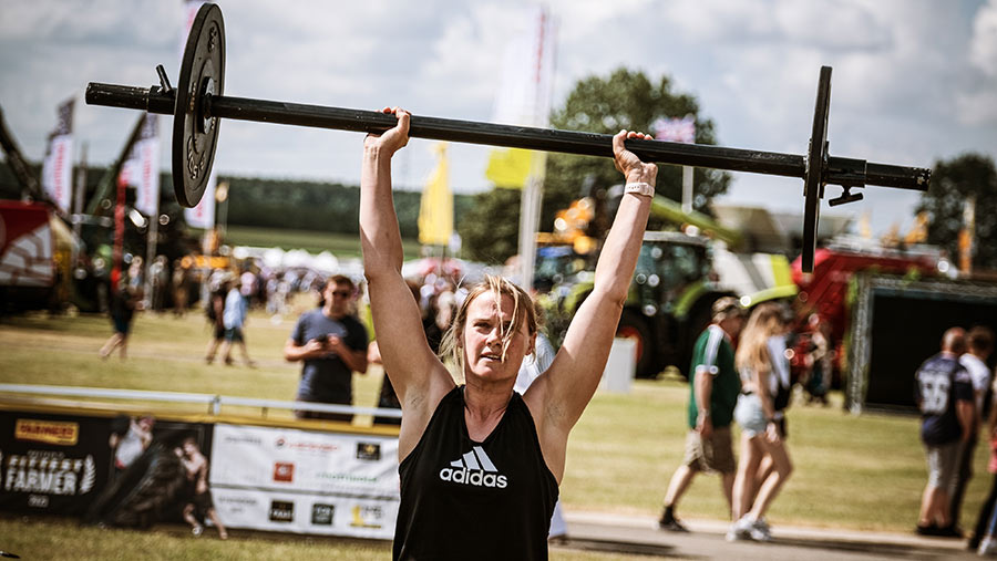Anne Grindal, Britain's Fittest Farmer contestant, lifting weights