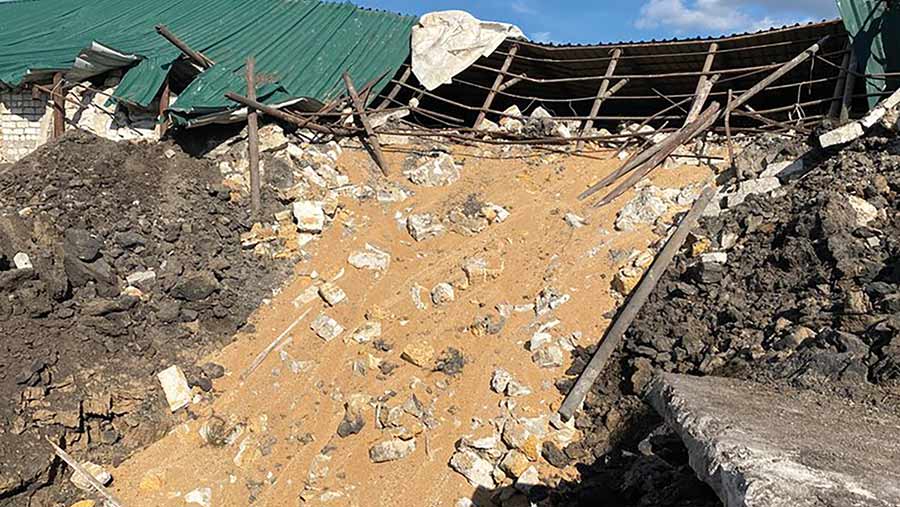 Destroyed warehouse with grain in Dnipropetrovsk region of Ukraine