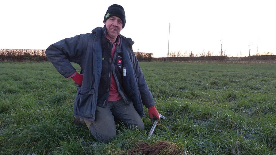 Farmer examining soil sample in field