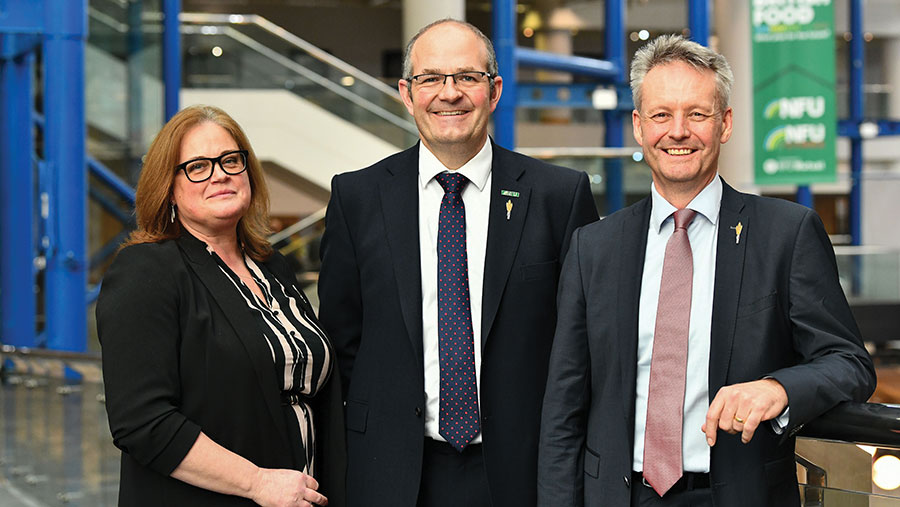 NFU officeholders Rachel Hallos, Tom Bradshaw and David Exwood at NFU Conference